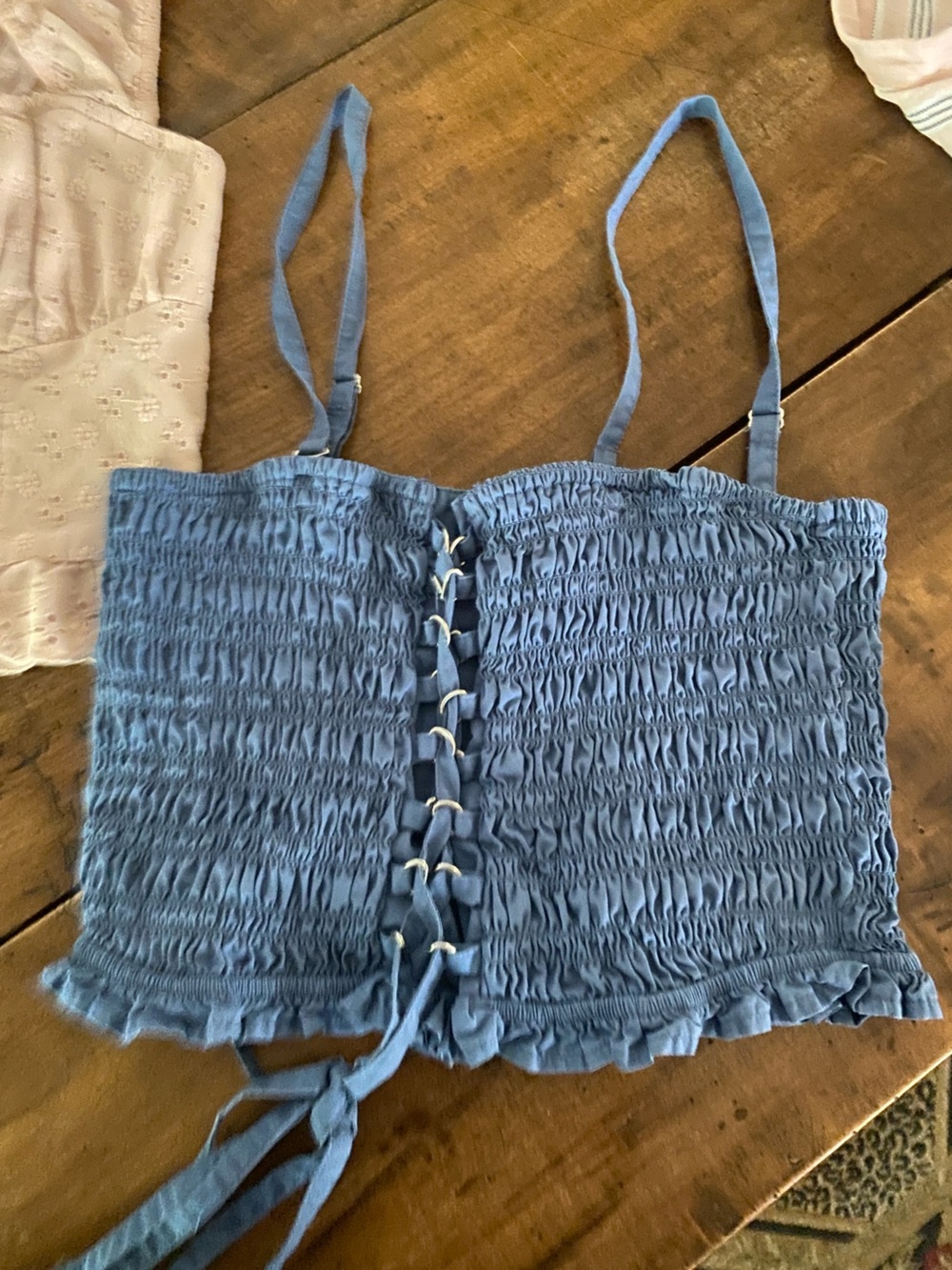 Hollister Pink Eyelet Ruffle Crop & AE Blue Smocked Lace-Up Crop Top - Picture 5 of 11